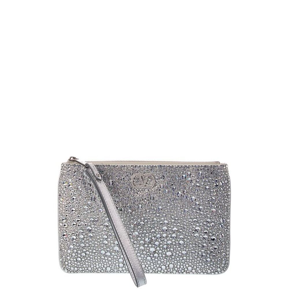 Valentino Vlogo Signature Small Leather Clutch, Silver